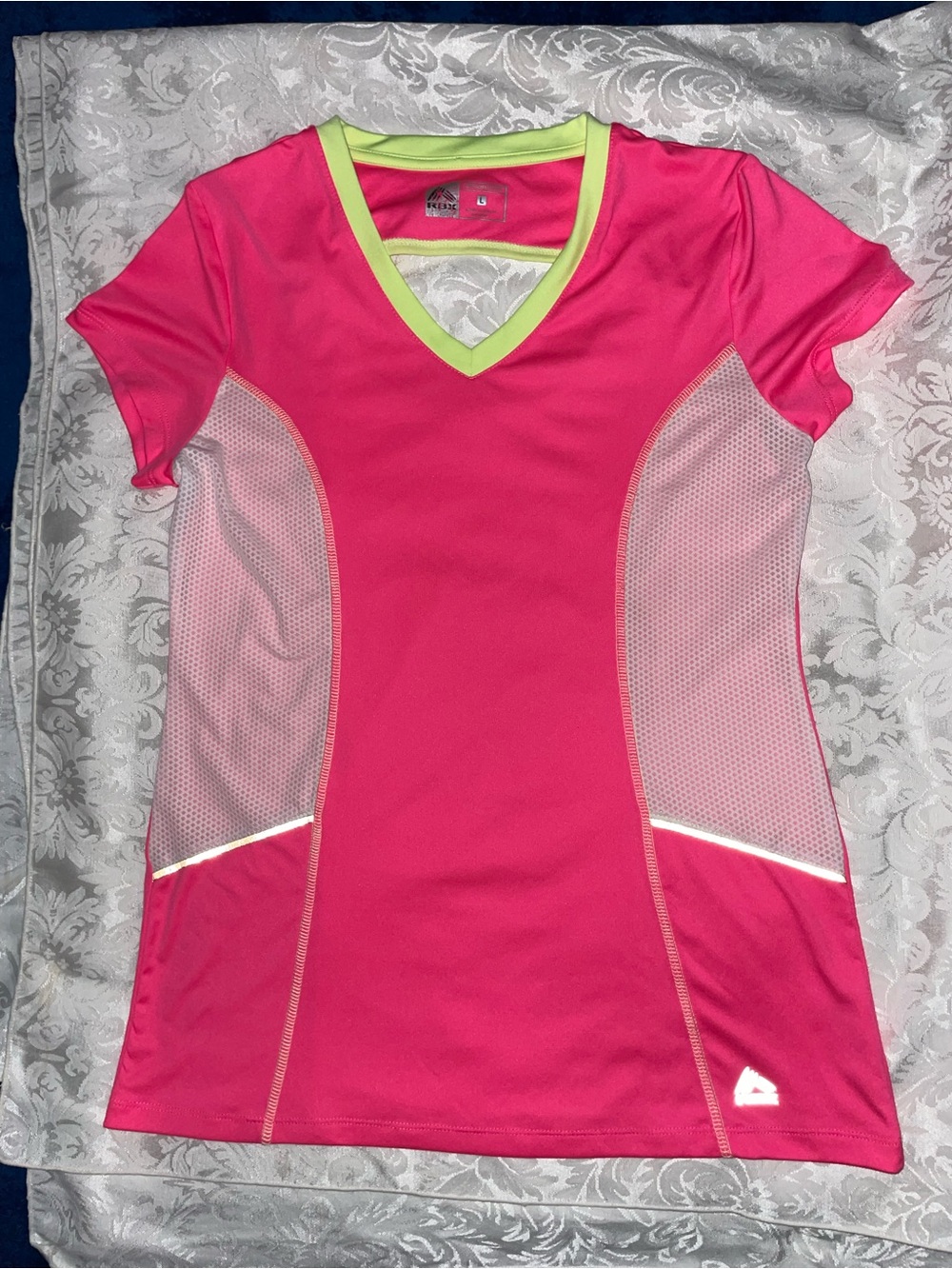 Hot Pink V‑Neck Short Sleeve Top with Lime Trim